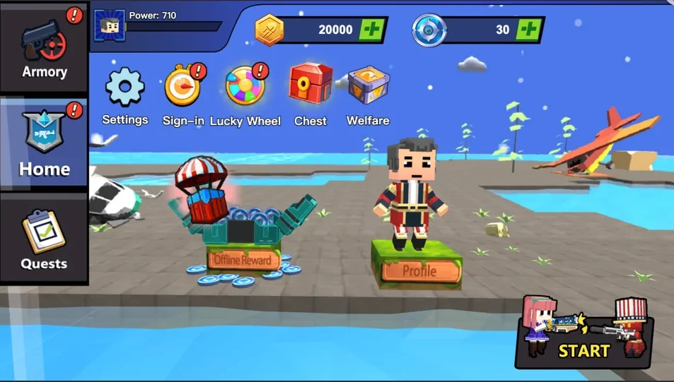 Pixel Sharpshooter home screen with Armory and Start button
