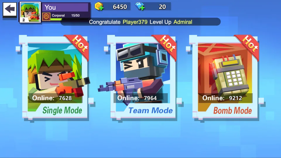Pixel Shooter PK Mode selection with Single Mode, Team Mode, and Bomb Mode