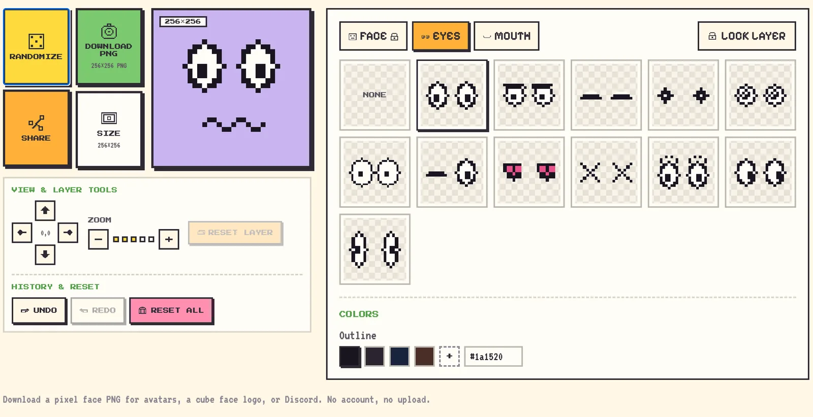 Pixel Cube Face editor with the preview, action buttons, layer tabs, eye options, color controls, and history controls