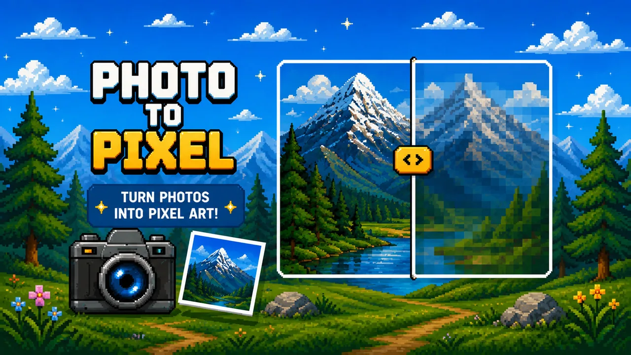 Photo to Pixel — a mountain photo converted into pixel game art, shown beside a camera and the original snapshot