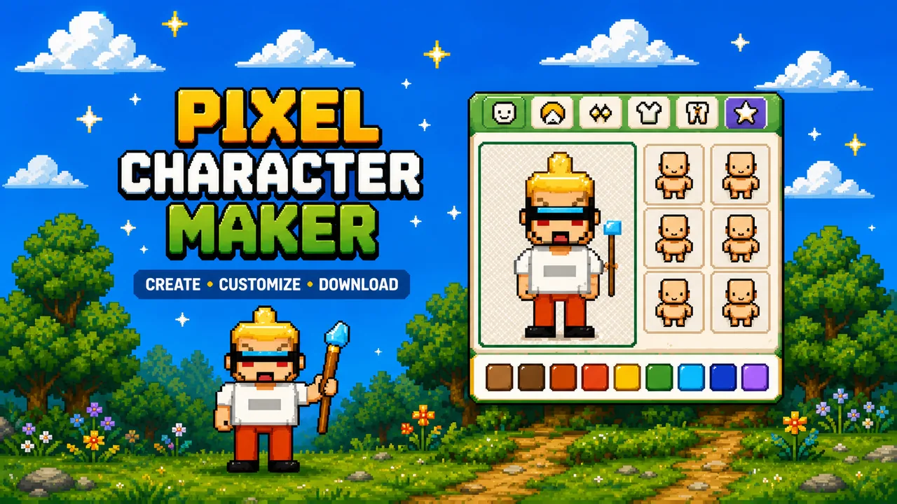 Pixel Character Maker — a blonde pixel character with visor and ice staff beside the full-body character maker, ready to create, customize, and download