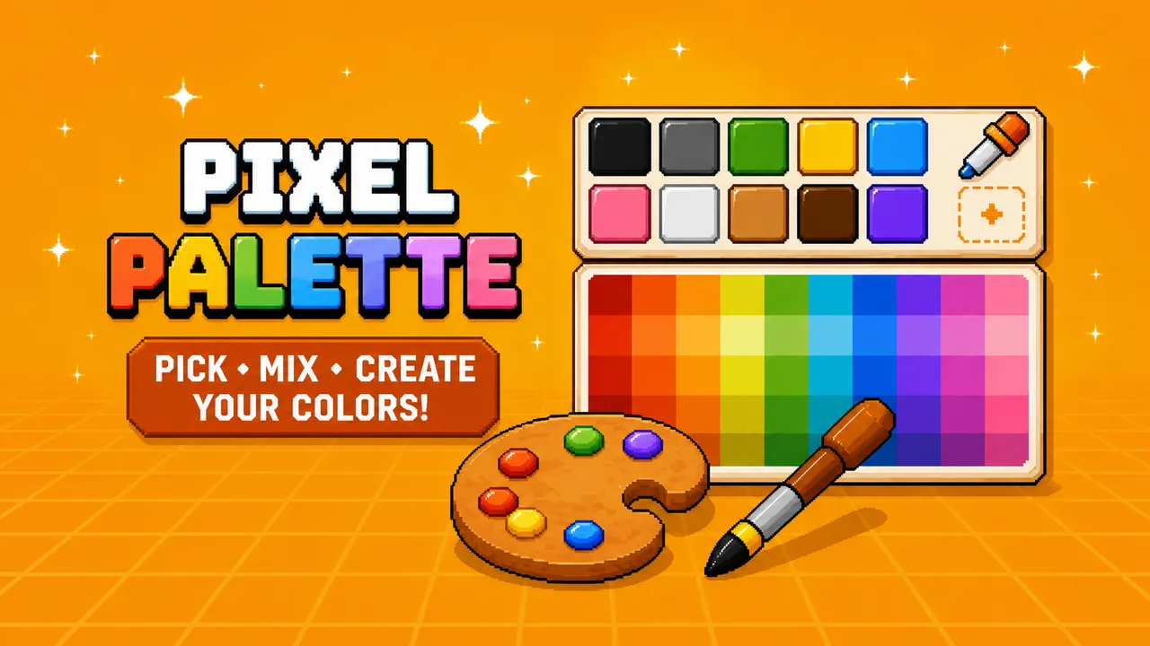 Pixel Palette — a pixel color palette board, rainbow swatches, and a painter's palette for mixing game-art colors
