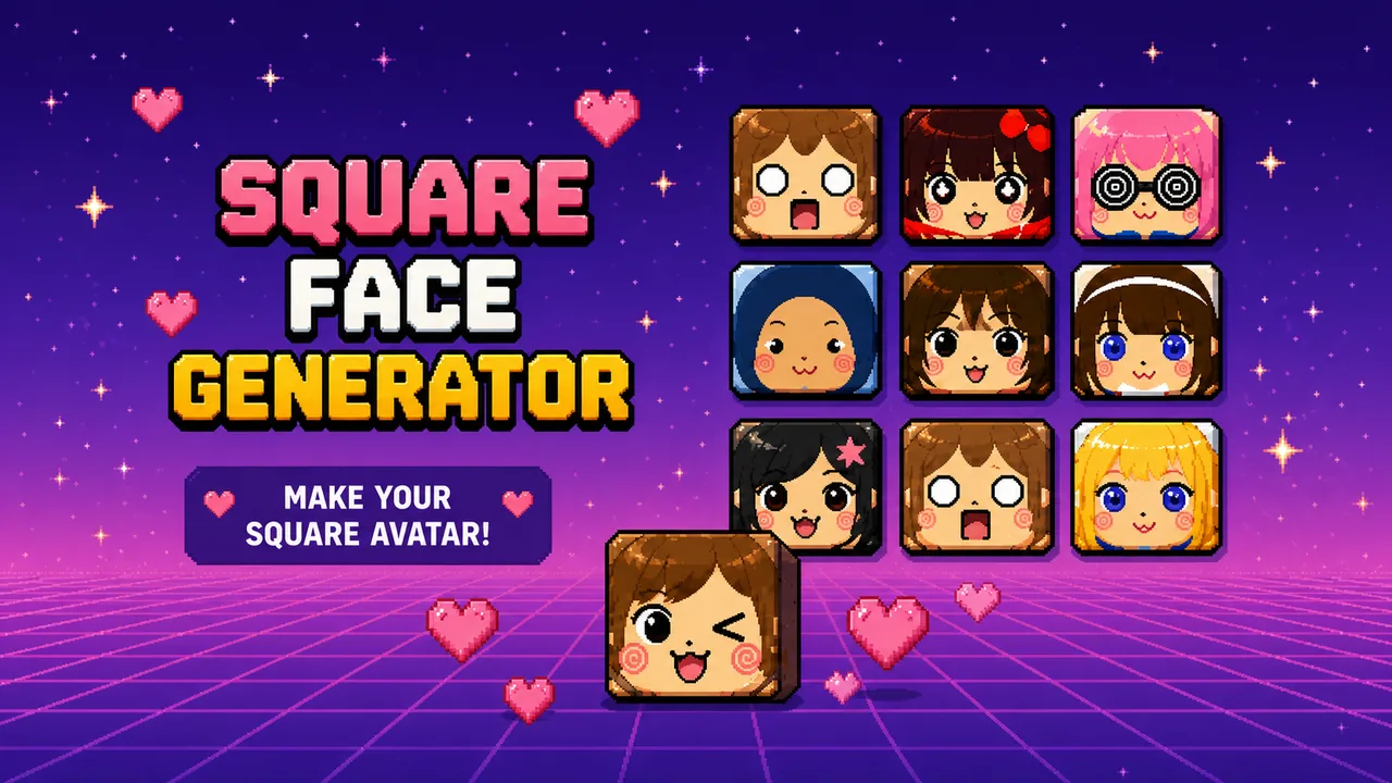 Square Face Generator — a grid of cute square face pixel avatars and a winking square face for Discord, games, and profile pictures